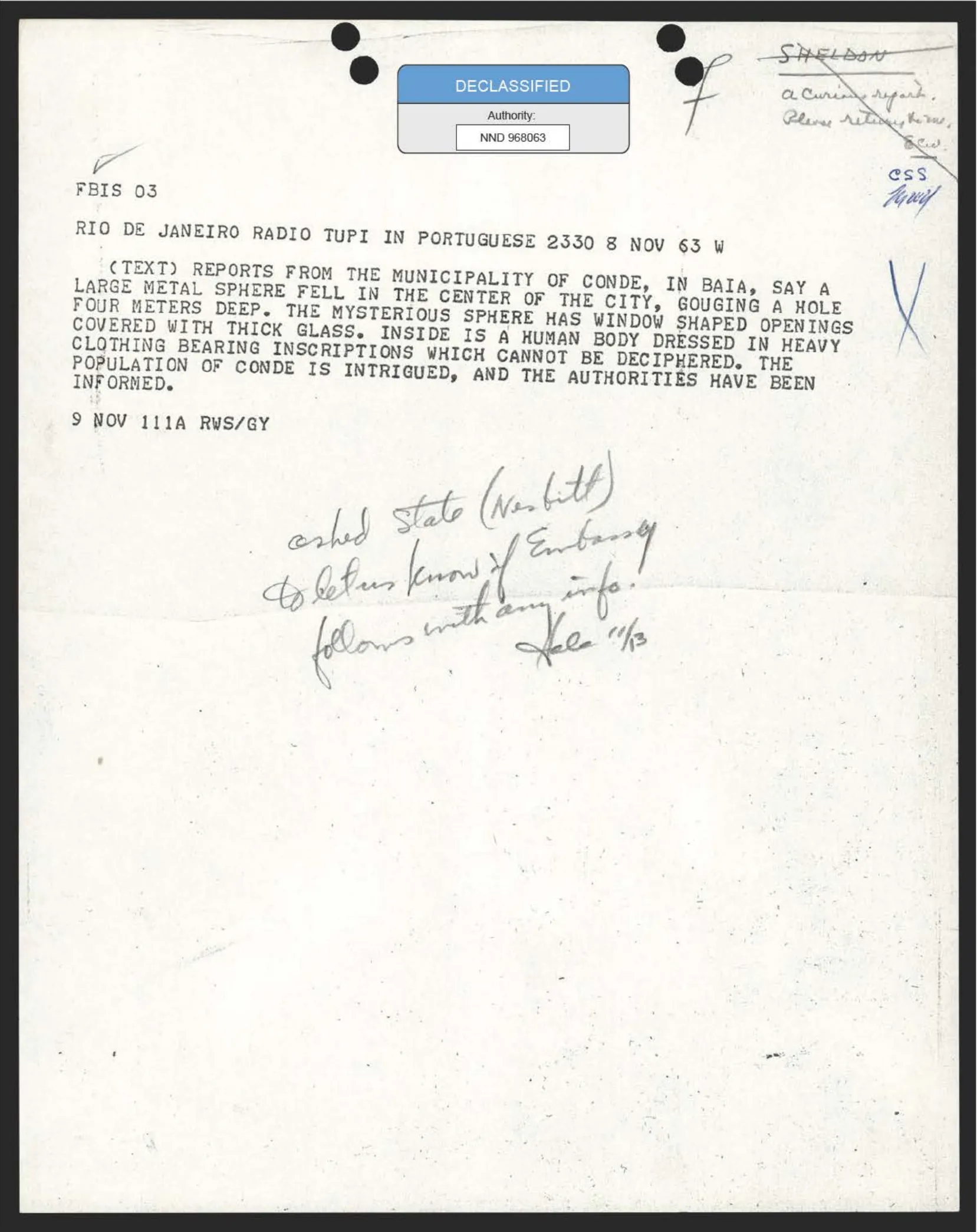 Declassified single-page FBIS transcript of a November 8, 1963 Radio Tupi broadcast about a metal sphere said to have fallen in Conde, Bahia, with handwritten pencil annotations including a November 13 note asking State to follow up.
