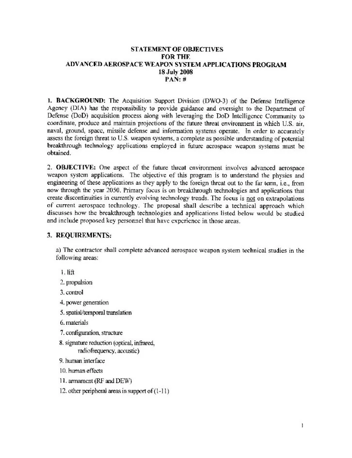First page of a typed 2008 Defense Intelligence Agency statement of objectives listing twelve numbered technical study areas including lift, propulsion, spatial/temporal translation, human effects, and armament.