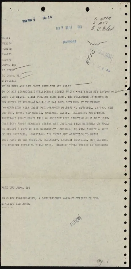 Declassified February 1953 Air Force teletype on perforated paper, stamped ATIC, reporting a telephone conversation with Chief Photographer Delbert C. Newhouse about his film of the July 2, 1952 sighting.