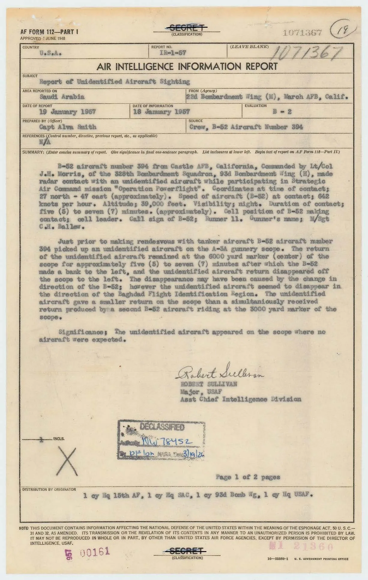 A typed 1957 U.S. Air Force Air Intelligence Information Report, formerly secret, headed Report of Unidentified Aircraft Sighting, Saudi Arabia, describing a B-52 radar contact.