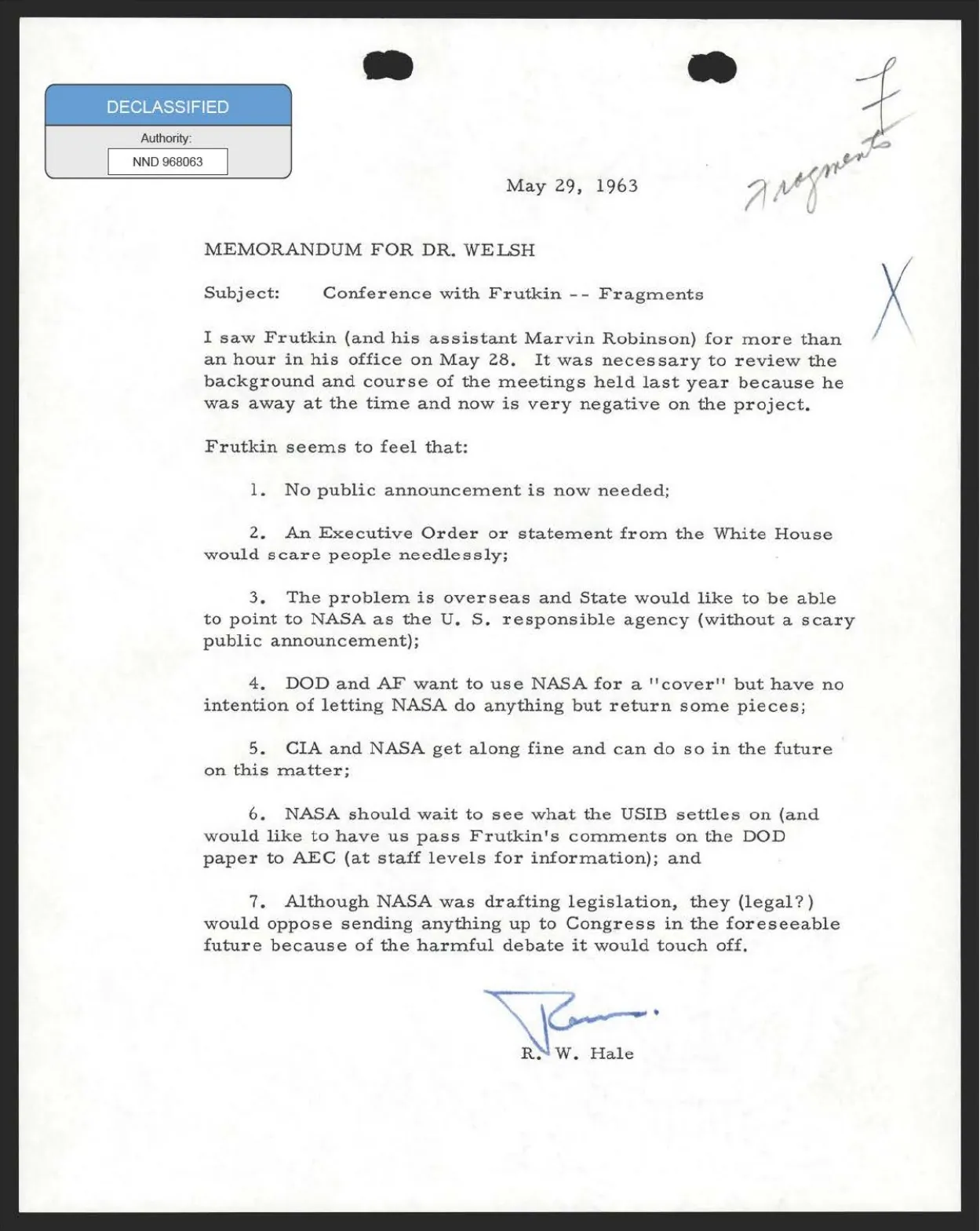 A typed one-page 1963 memorandum headed Memorandum for Dr. Welsh, Subject: Conference with Frutkin — Fragments, listing seven numbered points.